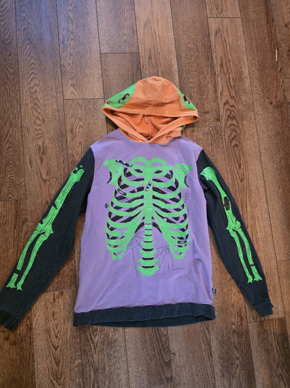 Kids Glow Skeleton Pullover Hoodie - Purple, Orange & Black